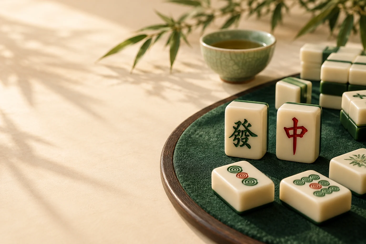 绿绒台面上的麻将牌与茶碗